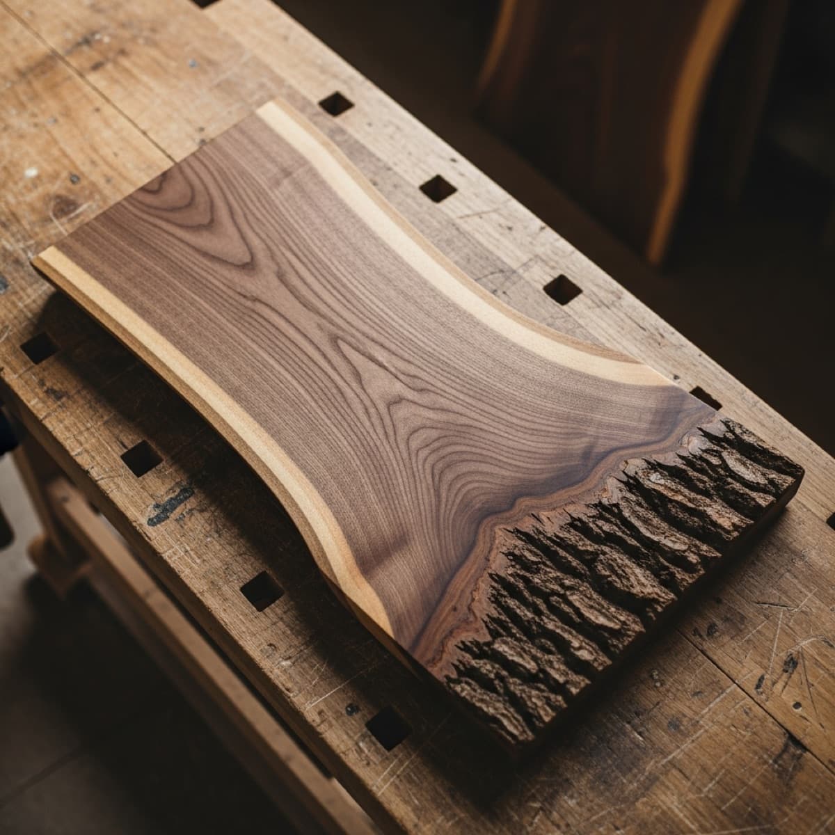 Live edge walnut charcuterie board with natural bark edge
