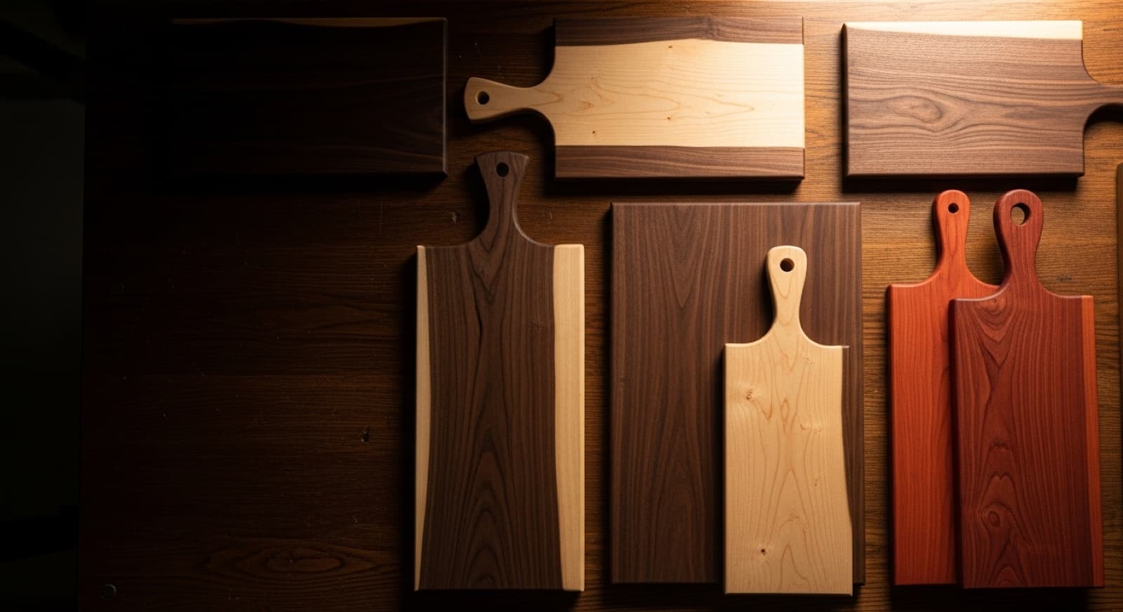 Handmade walnut, maple, and cherry boards on the workbench