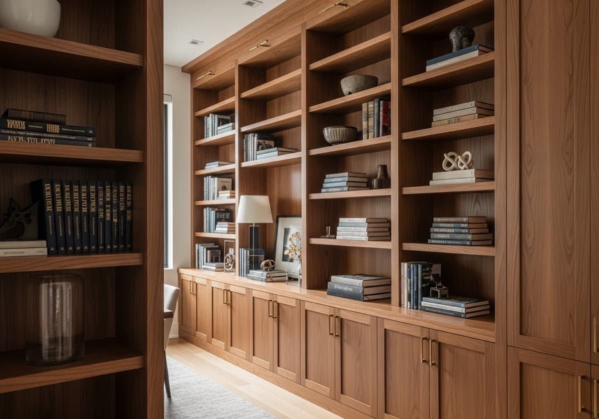 Custom built-in walnut library shelving in a Chicago home
